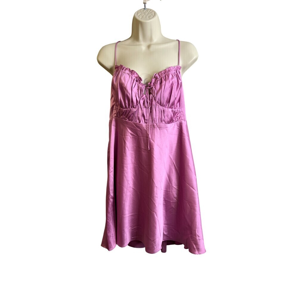 ASTR The Label Orchid Pink Satin Mini Dress Ruched Tie Front Size XL NWT - Picture 6 of 6